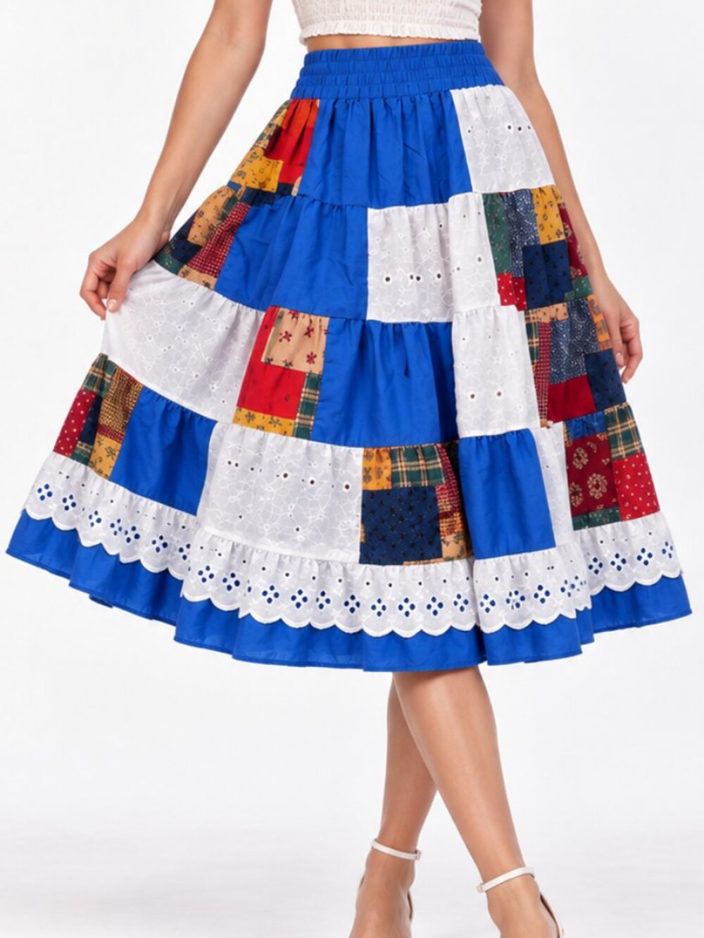 Vintage 70s Patchwork Tiered Square Dance Lace Skirt L/XL